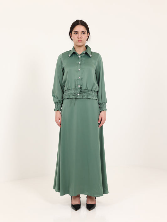 Green Double Satin Skirt Set
