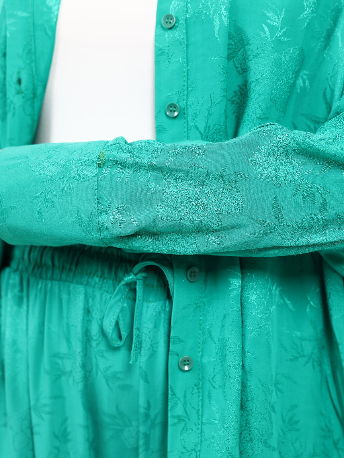 Green Floral Jacquard Chinese Collar Top