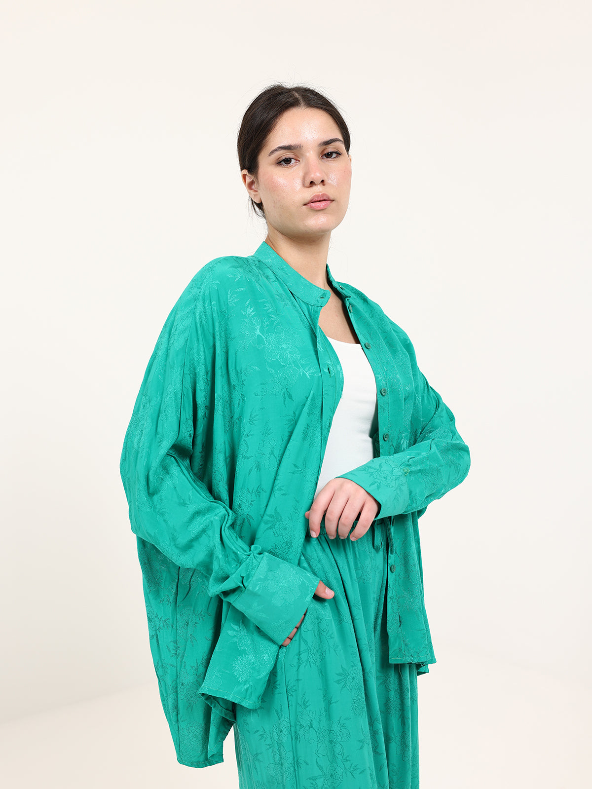 Green Floral Jacquard Chinese Collar Top