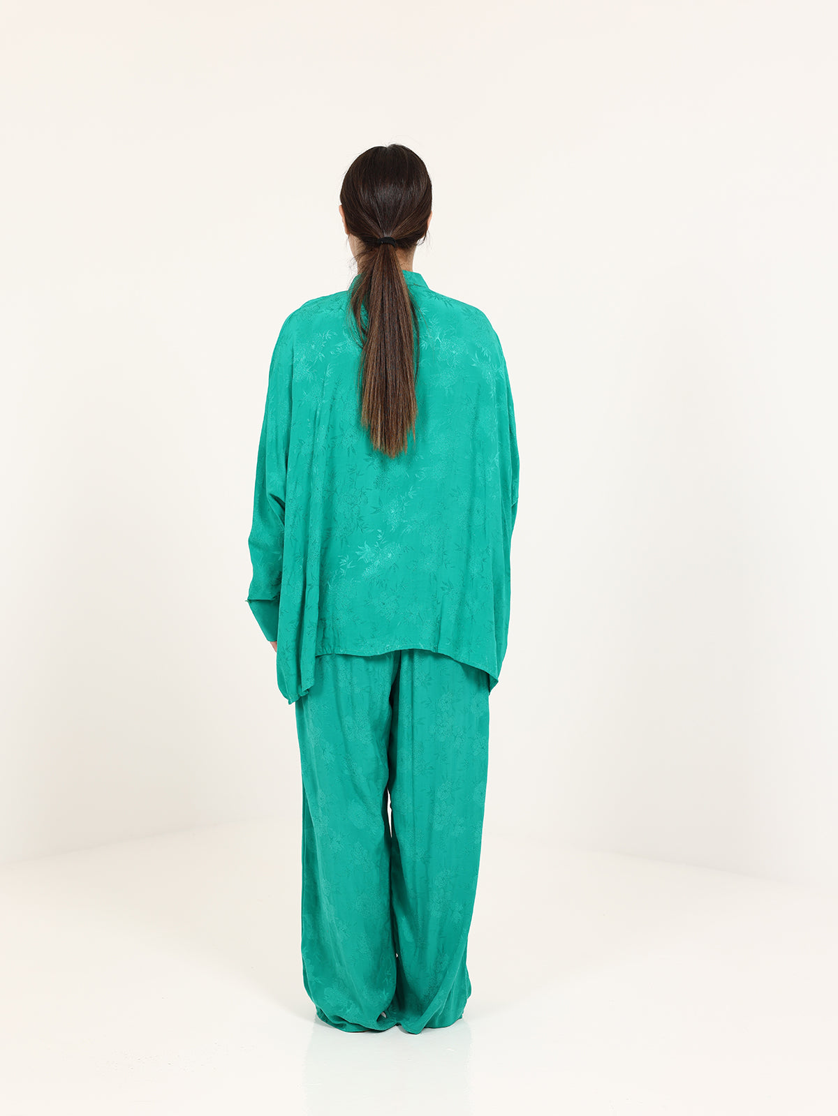 Green Floral Jacquard Chinese Collar Top