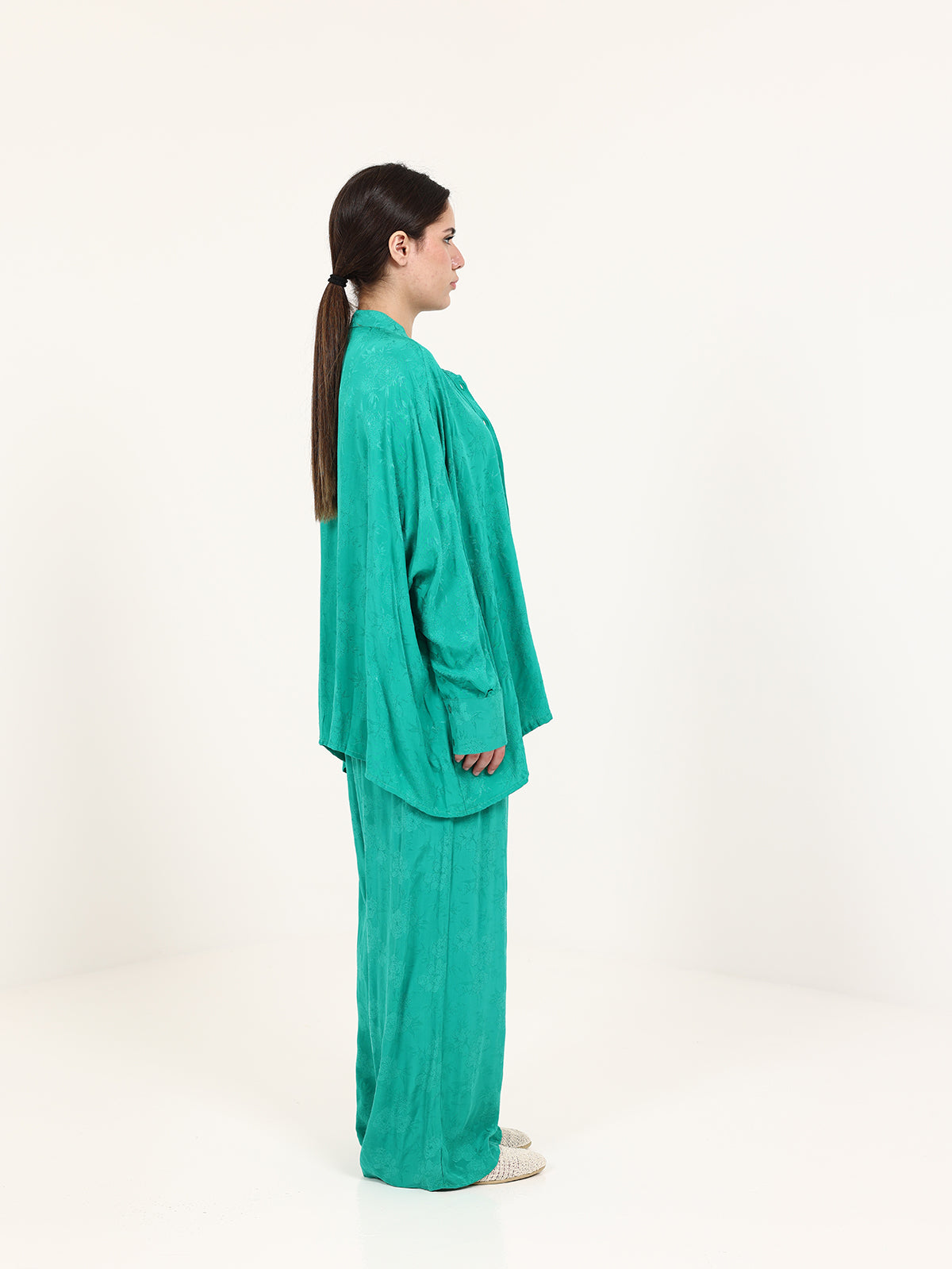 Green Floral Jacquard Chinese Collar Top