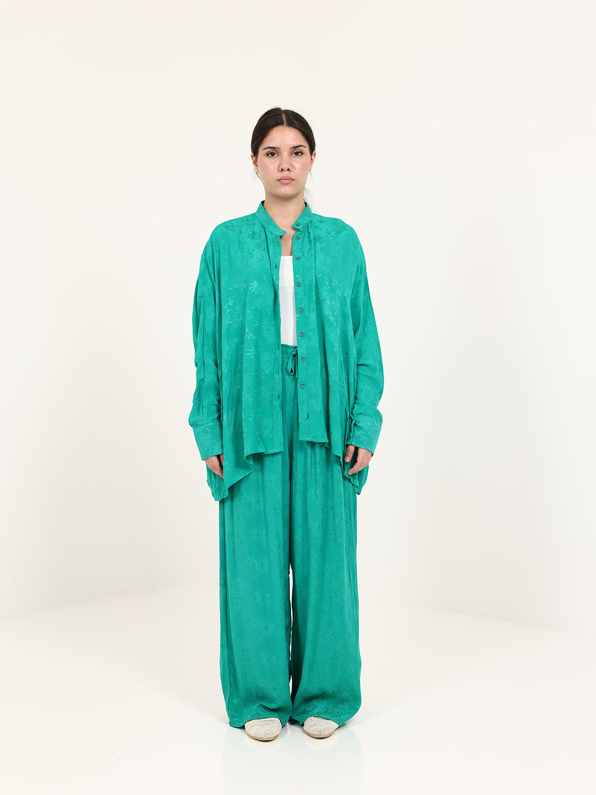 Green Floral Jacquard Chinese Collar Top