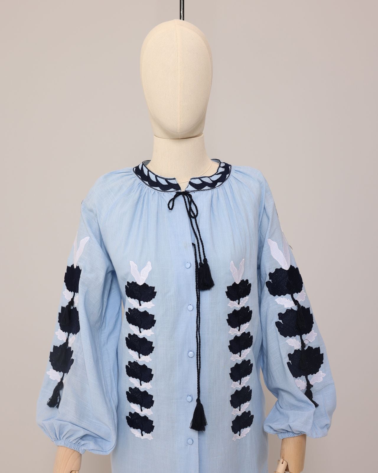 Light Blue Linen Dress with Embroidery