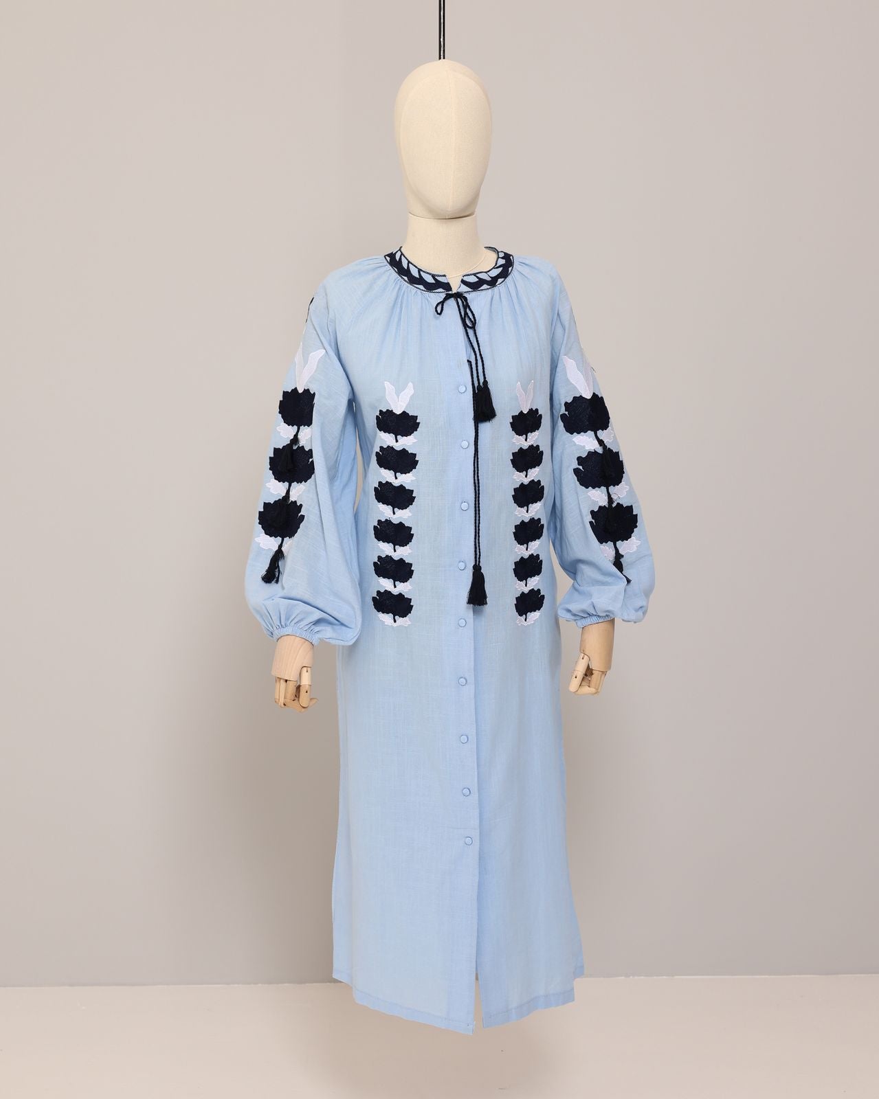Light Blue Linen Dress with Embroidery