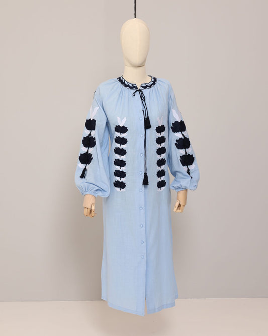 Light Blue Linen Dress with Embroidery