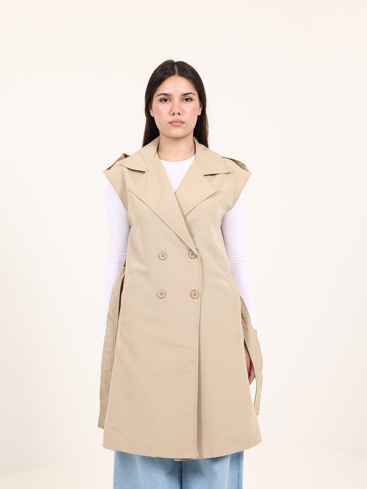 Long Beige Double-Breasted Vest