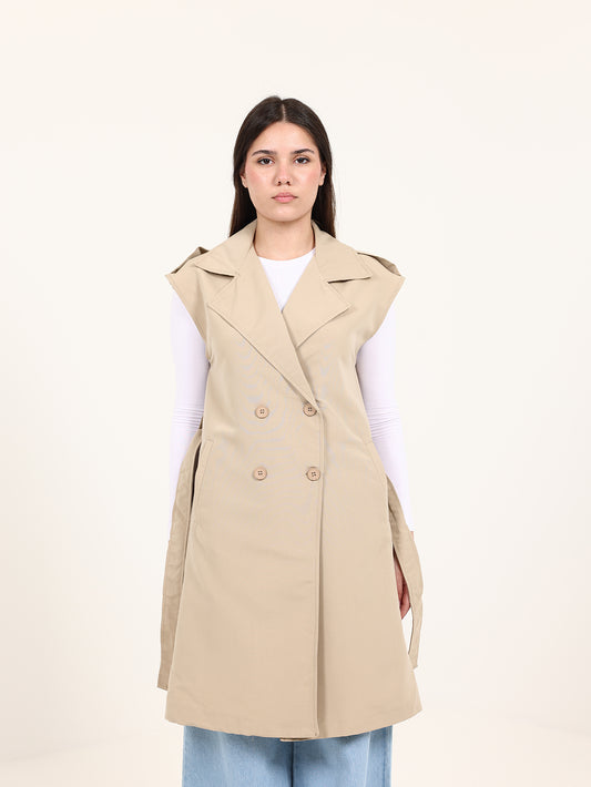 Long Beige Double-Breasted Vest