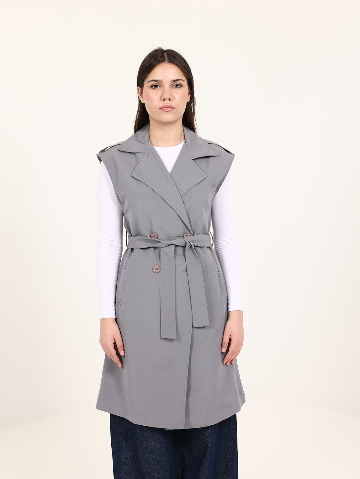 Long Grey Double-Breasted Vest