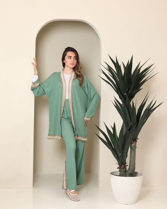 Mint Green Linen Beige Trim Set