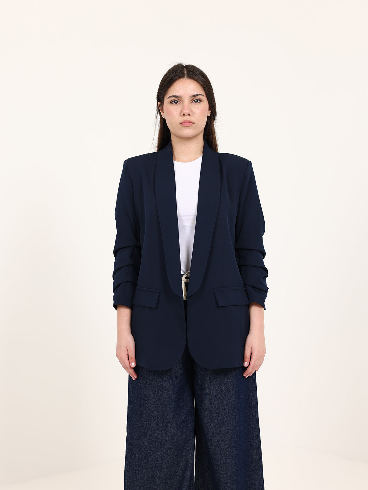 Navy Blue Rushed Sleeves Blazer