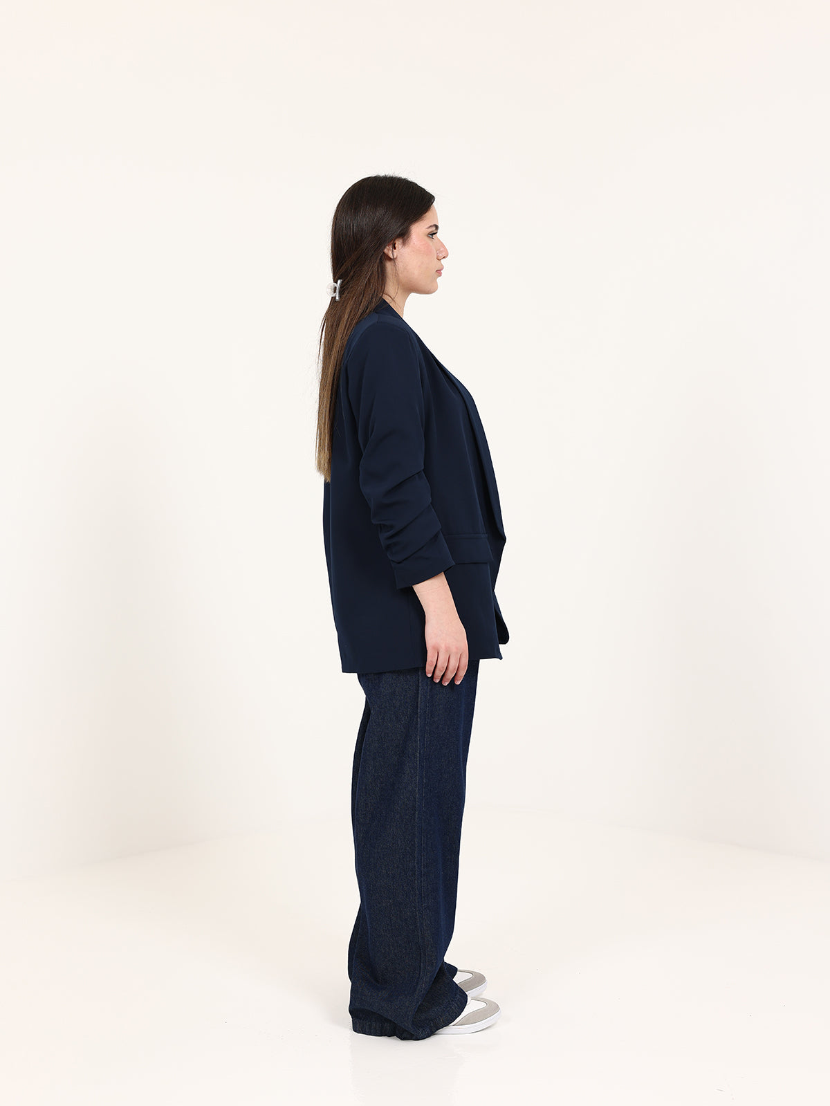 Navy Blue Rushed Sleeves Blazer