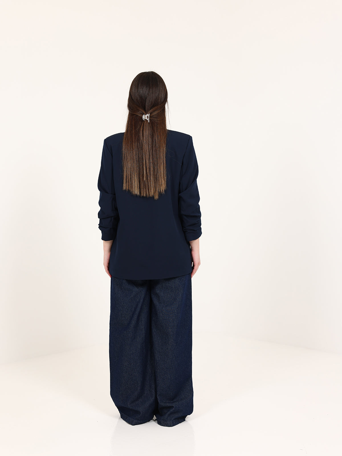 Navy Blue Rushed Sleeves Blazer