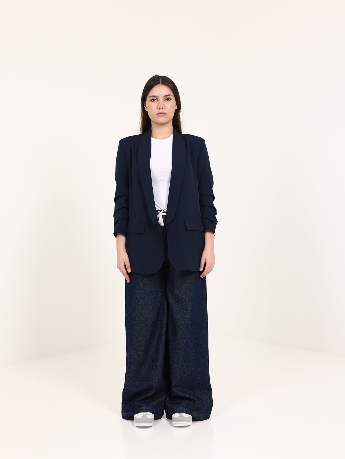Navy Blue Rushed Sleeves Blazer