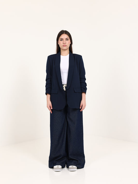 Navy Blue Rushed Sleeves Blazer