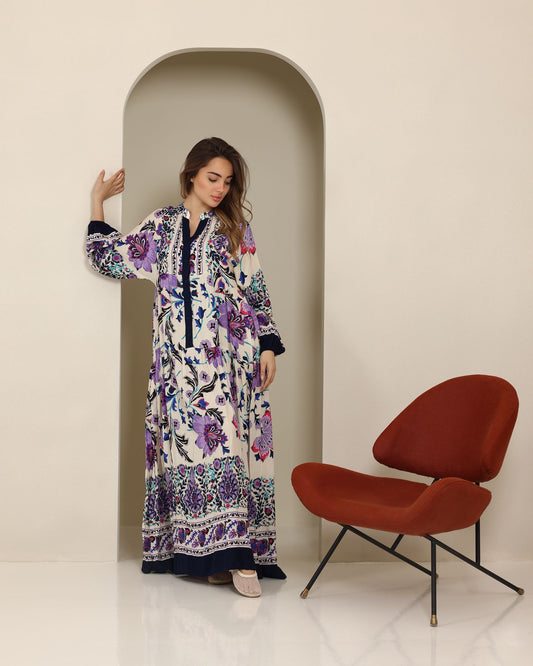 Navy Blue Viscose Floral Print Dress