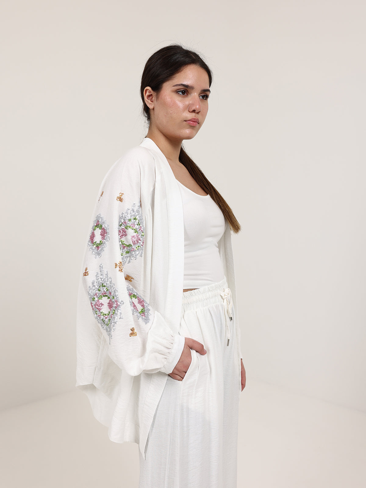 Off-White Linen Embroidered Set