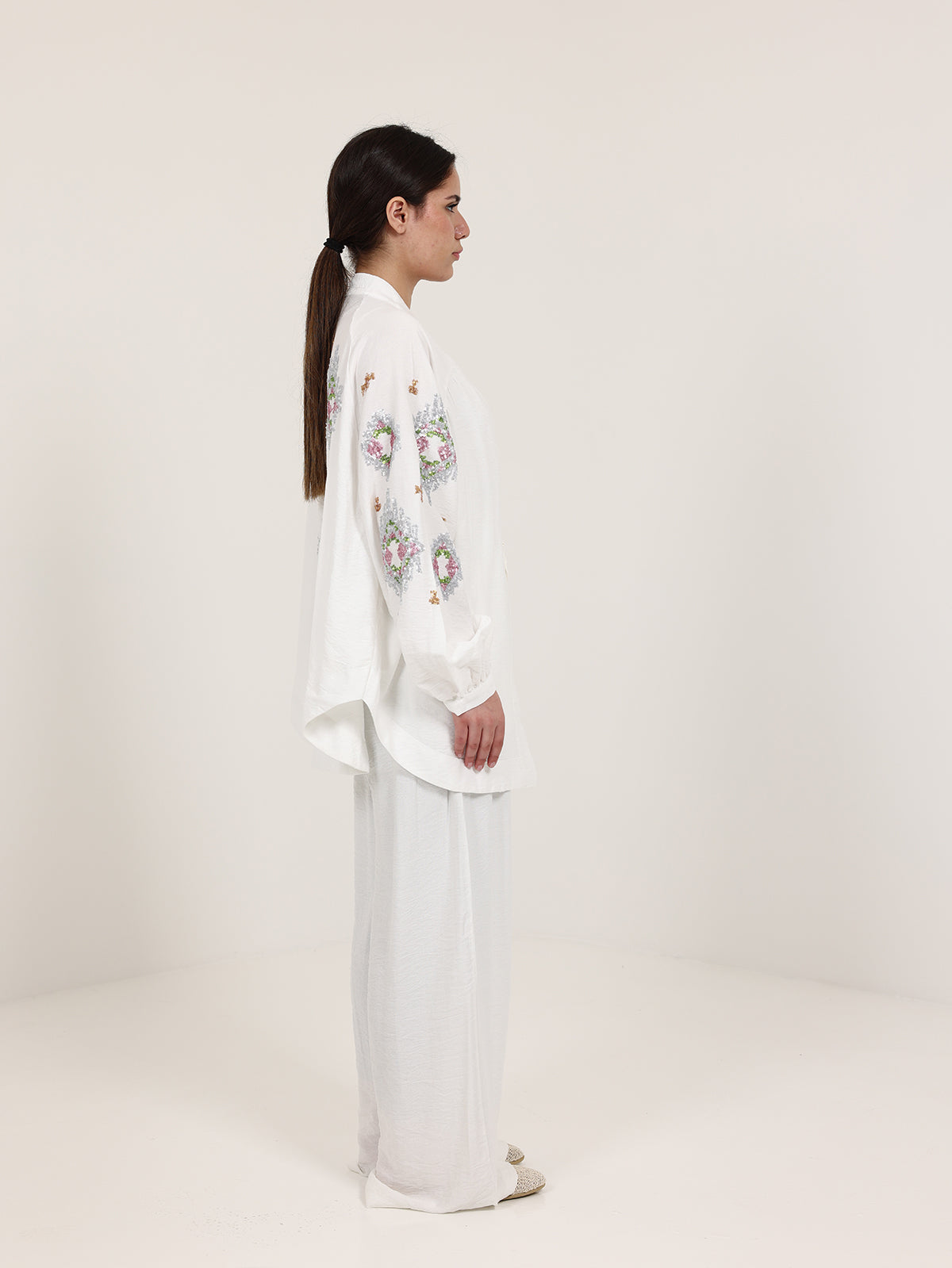 Off-White Linen Embroidered Set