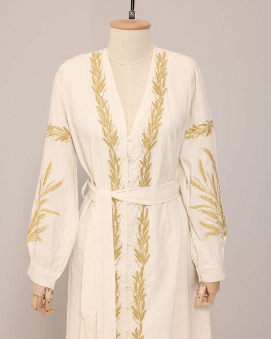 Off-White and Yellow Linen Cardigan with Embroidery