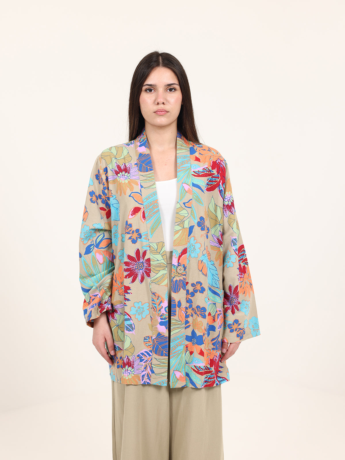 Olive Beige Linen Floral Set