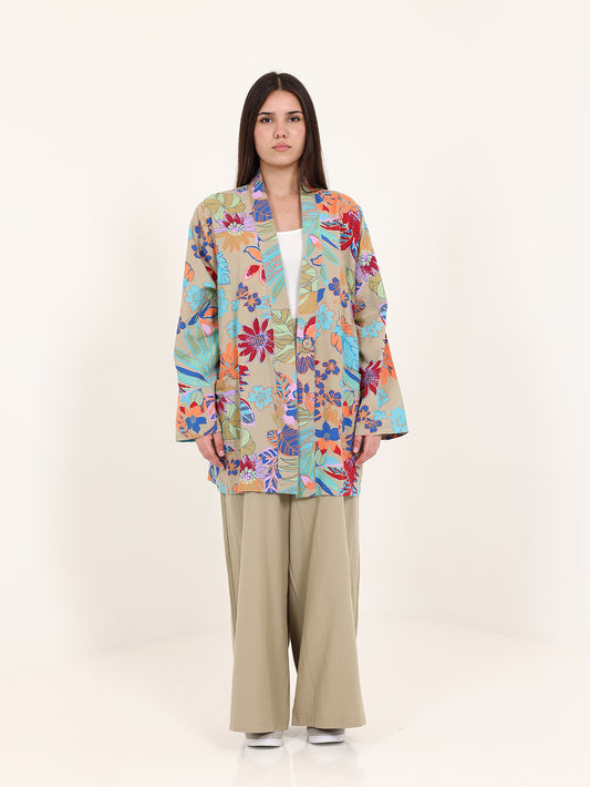 Olive Beige Linen Floral Set