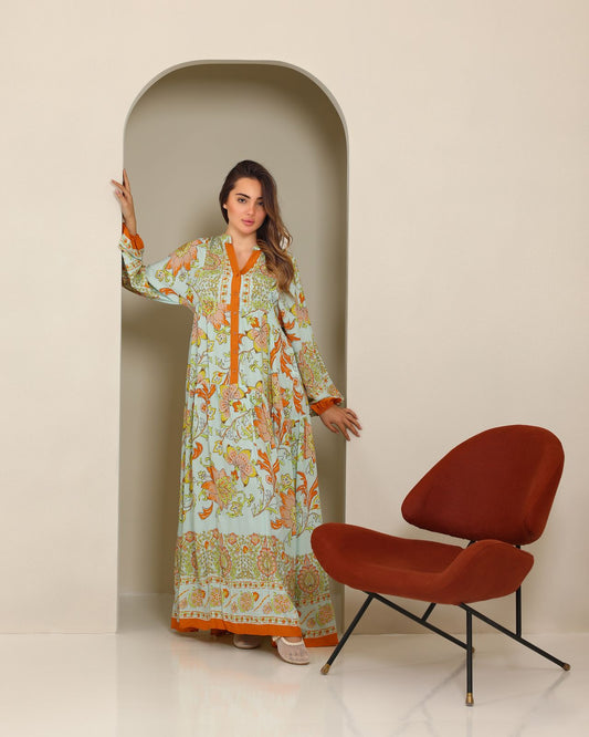 Orange Viscose Floral Print Dress