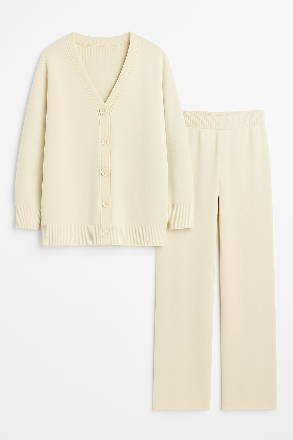 Classic Beige Knit Cardigan V-Neckline Set