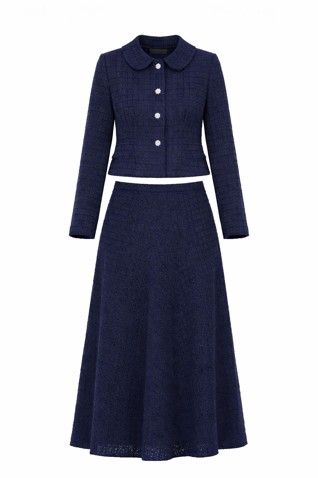 Navy Blue Chic Collared Jacket With Floral Buttons Skirt Set