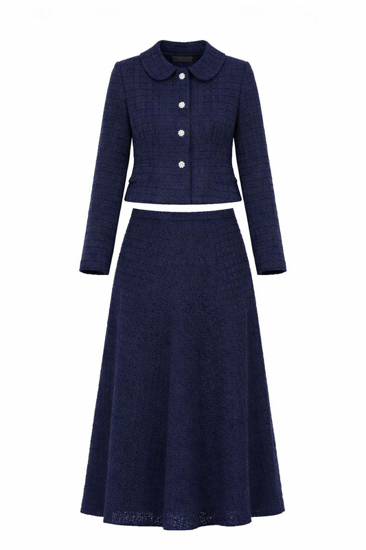 Navy Blue Chic Collared Jacket With Floral Buttons Skirt Set