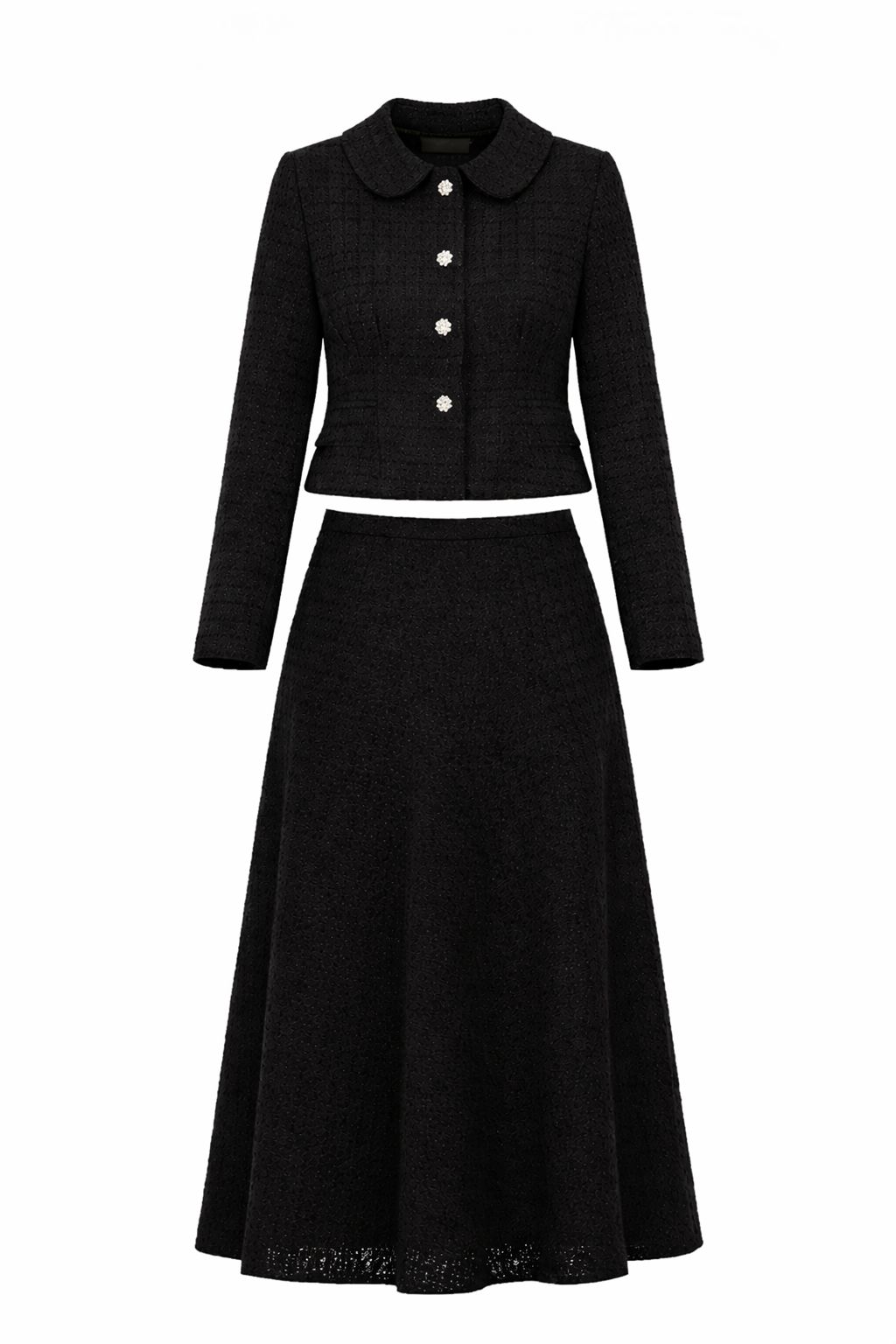 Black Chic Collared Jacket With Floral Buttons Skirt Set