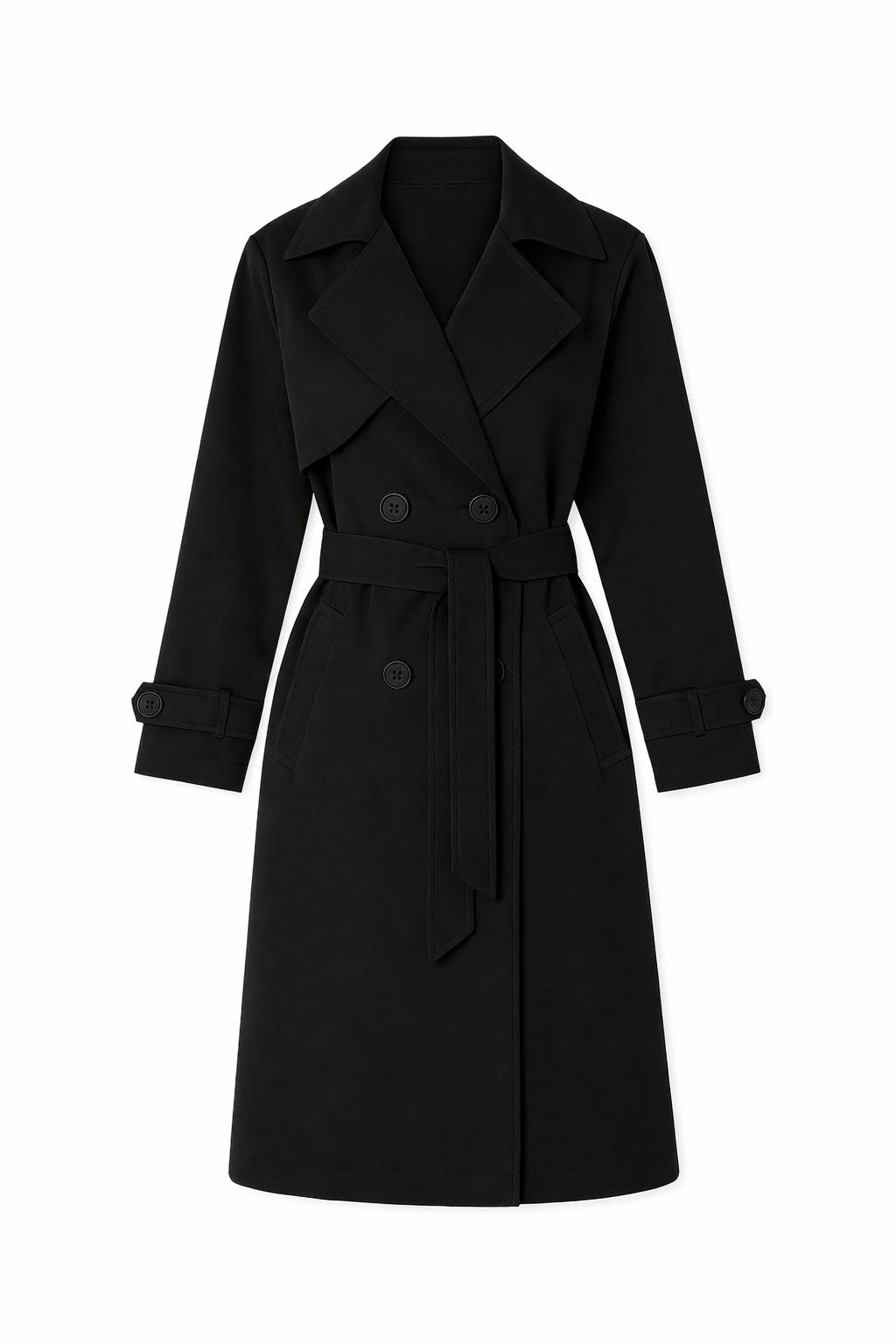 Black Double Breasted Trench Coat With Belt